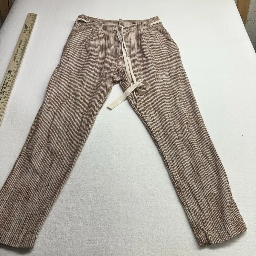 Free People Beige Striped Ankle Crop Drawstring Pants